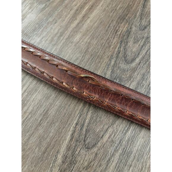 Vintage 1970s Men's Brown Leather Belt Braided Leather Detail Gold toned Buckle - Picture 5 of 11